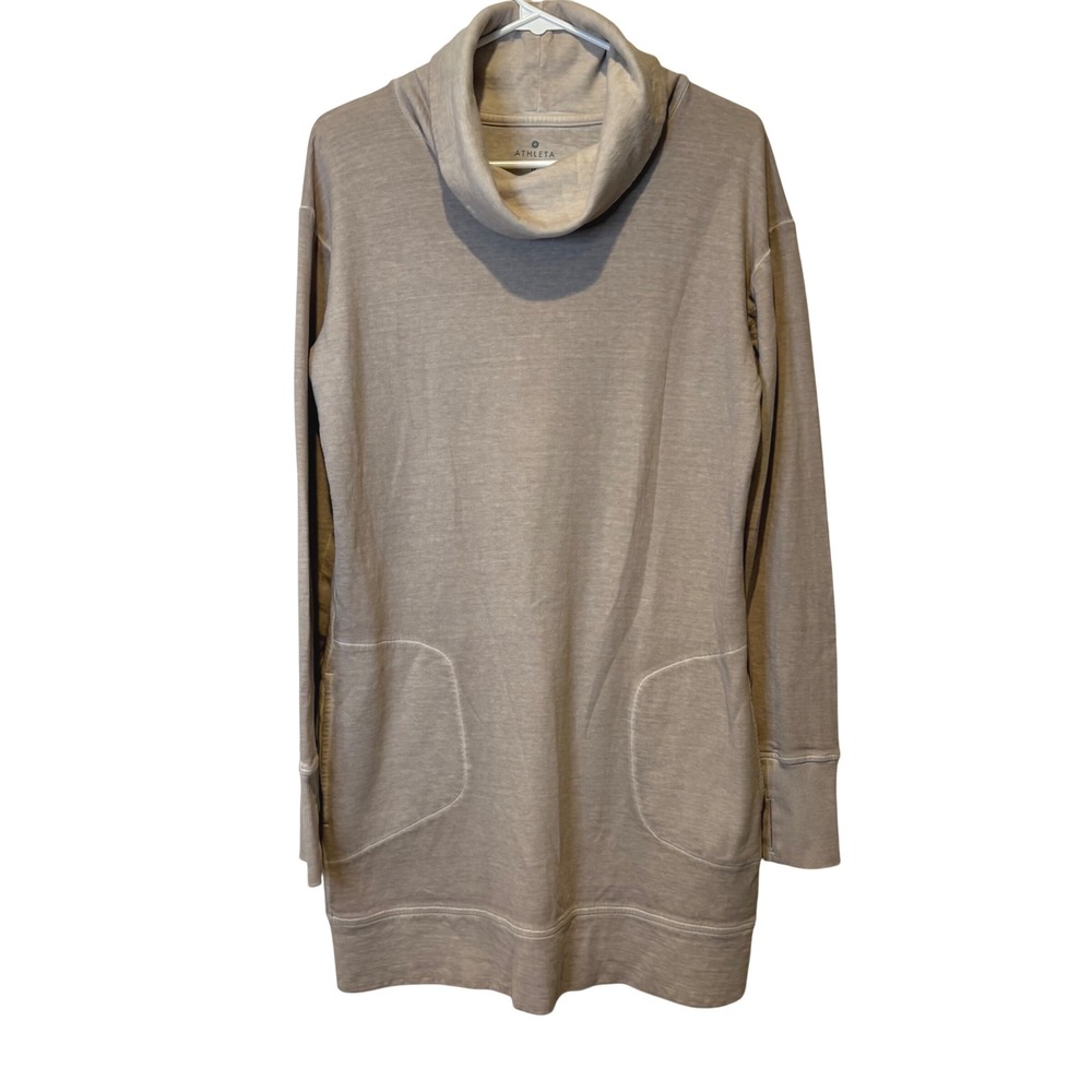 Athleta Cowl Neck Long Sleeve Tunic Sweatshirt Dress Pockets Beige Size M‎